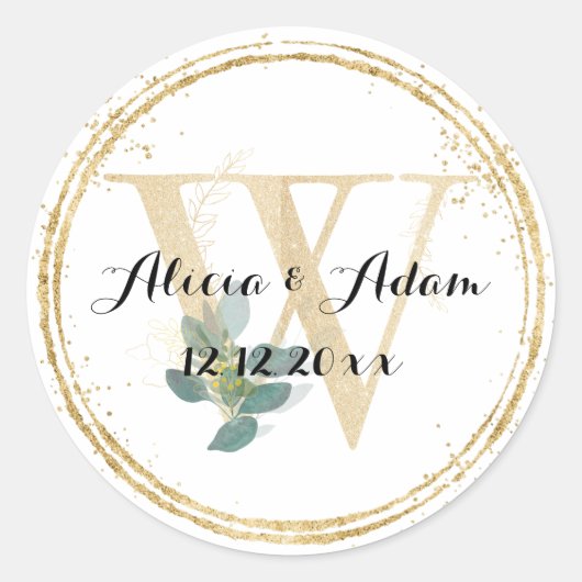 Monogram W Gold Border Wedding Runder Aufkleber (Vorderseite)