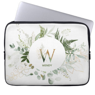 Monogram W Green Eleganth Wreath Laptop Sleeve