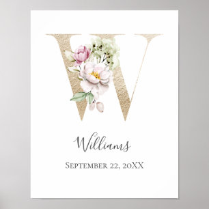 Monogram W Pink White Floral Gold Letter Kinderzim Poster