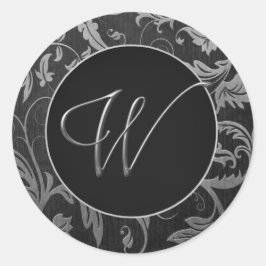 Monogram W Silver and Black Damask Wedding Siegel Runder Aufkleber