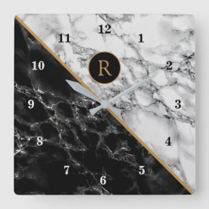 Monogram Wall Clock with Black White Marble Stone Quadratische Wanduhr