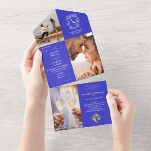 Monogram Wappen 3 Foto QR Code Royal Blue Wedding All In One Einladung