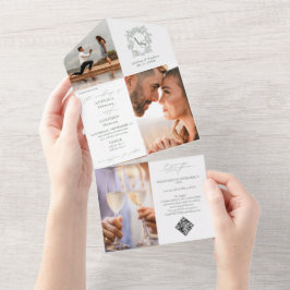 Monogram Wappen 3 Foto QR Code Sage Green Wedding All In One Einladung