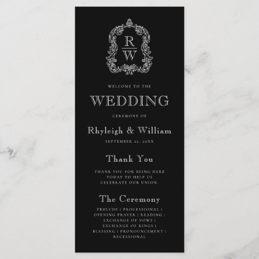 Monogram Wappen Black Wedding Programm (Vorderseite)
