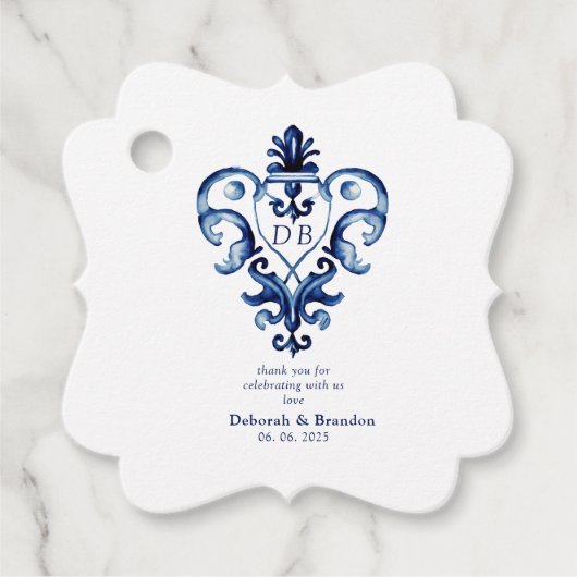 Monogram Wappen Blue & White Delft Wedding Geschenkanhänger (Vorderseite)