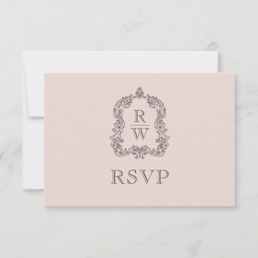 Monogram Wappen Blush Pink Hochzeit RSVP Karte (Vorderseite)