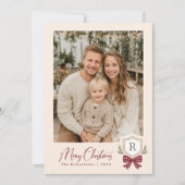 Monogram Wappen Bow Foto Weihnachtskarte Feiertagskarte (Vorderseite)