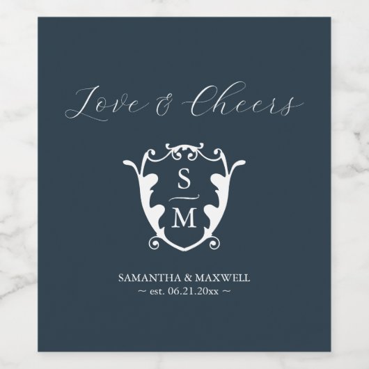 Monogram Wappen Custom Wine Bottle Labels Navy Blu Weinetikett (Einzelnes Label)