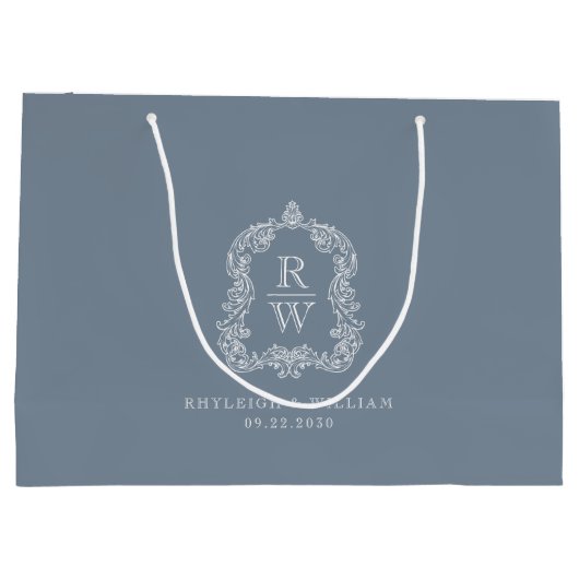 Monogram Wappen Dusty Blue Wedding Große Geschenktüte (Rückseite)