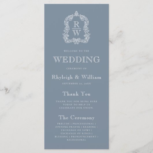 Monogram Wappen Dusty Blue Wedding Programm (Vorderseite)