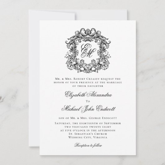 Monogram Wappen Elegant Formal Wedding Einladung (Vorderseite)