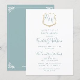 Monogram Wappen Gold Dusty Blue Brautparty Einladung