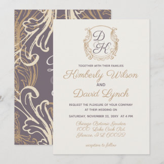 Monogram Wappen Gold Lila Vintage Wedding Einladung