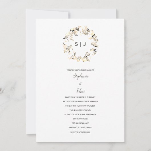 Monogram Wappen Gray White Boho Simple Wedding Einladung (Vorderseite)