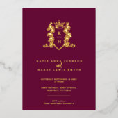 Monogram Wappen Herz Krone Dunkelwein Rote Hochzei Folieneinladung (Vorderseite)