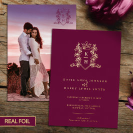 Monogram Wappen Herz Krone Dunkelwein Rote Hochzei Folieneinladung