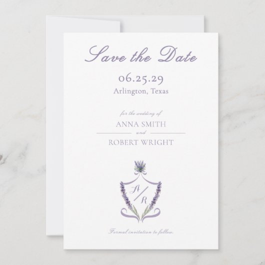 Monogram Wappen Lavender Elegant Script Wedding Save The Date (Vorderseite)