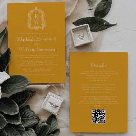 Monogram Wappen Marigold Yellow QR Code Hochzeit Einladung