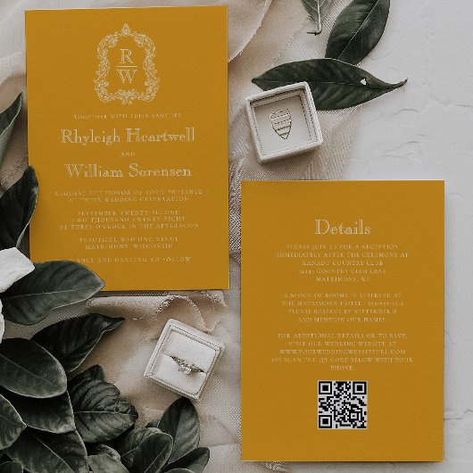 Monogram Wappen Marigold Yellow QR Code Hochzeit Einladung