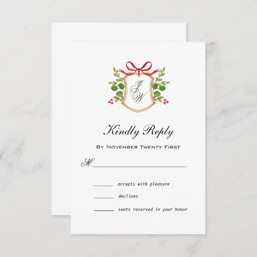 Monogram Wappen mit Winter Greenery UAWG RSVP Karte (Vorne/Hinten)