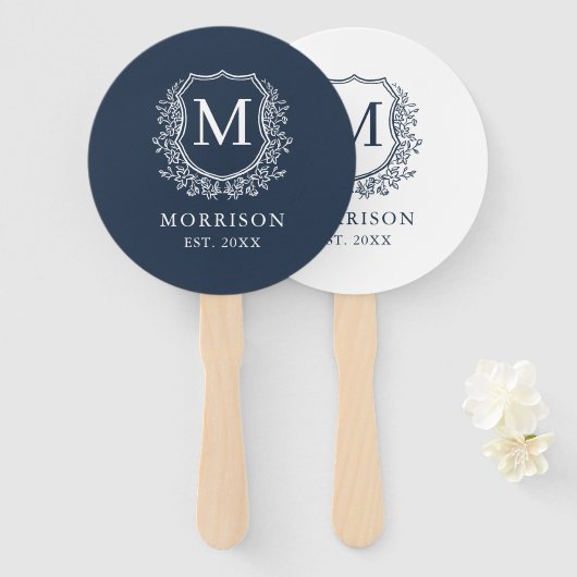 Monogram Wappen Navy Blue Botanical Wedding Fächer (Vorne und Hinten)
