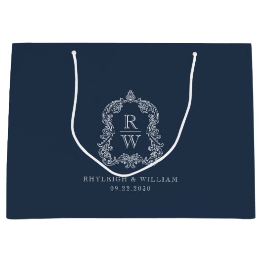 Monogram Wappen Navy Blue Wedding Große Geschenktüte (Vorderseite)