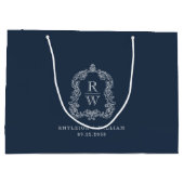 Monogram Wappen Navy Blue Wedding Große Geschenktüte (Rückseite)