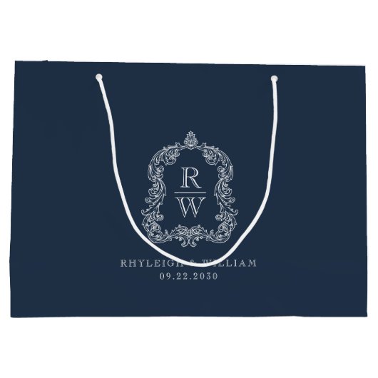 Monogram Wappen Navy Blue Wedding Große Geschenktüte (Rückseite)