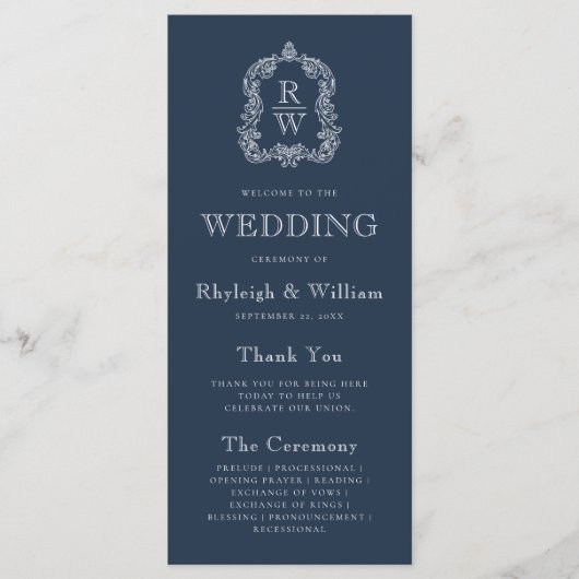 Monogram Wappen Navy Blue Wedding Programm (Vorderseite)