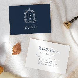 Monogram Wappen Navy Blue Wedding RSVP Karte