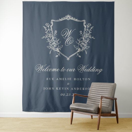 Monogram Wappen Navy Blue Wedding Wandteppich (Beispiel)