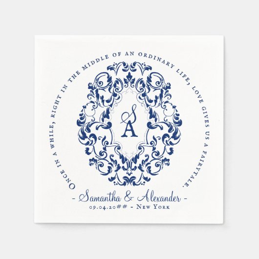 Monogram Wappen Old Print Royal Blue Wedding Serviette (Vorderseite)