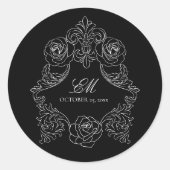 Monogram Wappen Ornament Black & White Wedding Log Runder Aufkleber (Vorderseite)