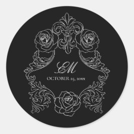 Monogram Wappen Ornament Black & White Wedding Log Runder Aufkleber