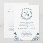 Monogram Wappen QR Code Dusty Blue Floral Wedding Einladung (Vorne/Hinten)