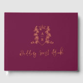 Monogram Wappen Rose Gold Dunkelroter Hochzeitsgas Gästebuch (Vorderseite)