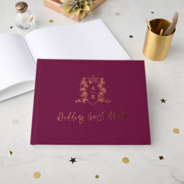 Monogram Wappen Rose Gold Dunkelroter Hochzeitsgas Gästebuch