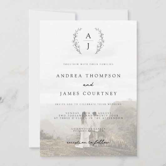 Monogram Wappen Schwarz-weiß Foto Overlay Hochzeit Einladung (Vorderseite)