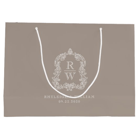 Monogram Wappen Taupe Wedding Große Geschenktüte (Rückseite)