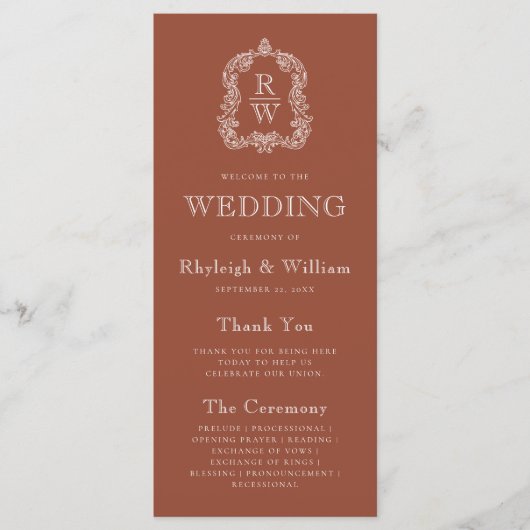 Monogram Wappen Terracotta Wedding Programm (Vorderseite)
