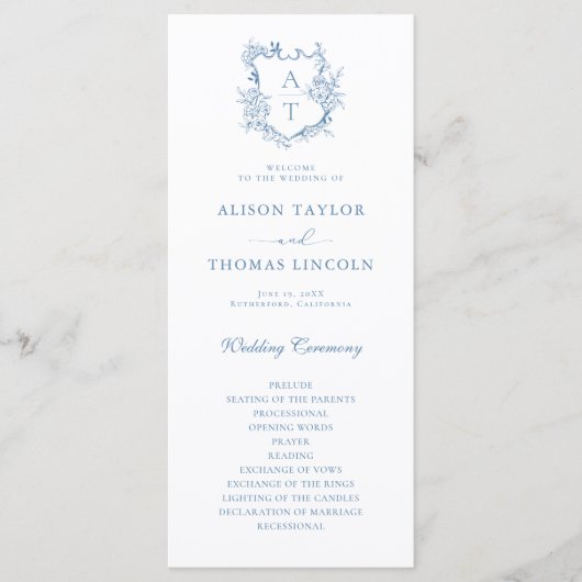 Monogram Wappen Vibranly Blue Wedding Program Card Menükarte (Vorderseite)