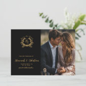 Monogram Wappen Wedding Foto Black/Gold Save The Date (Stehend Vorderseite)