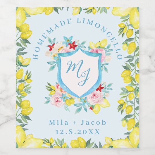 Monogram Wappen Wedding Limoncello Weinetikett (Einzelnes Label)