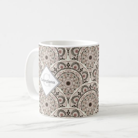 Monogram Warm Neutrals Dot Mandala Art Deco Scales Kaffeetasse (Vorderseite Links)