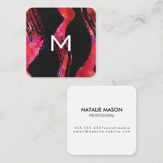 Monogram Wasserfarbe Pinselleder Hintergrund Quadratische Visitenkarte (Vorne/Hinten)