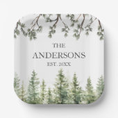 Monogram Wasserfarbe Rustikale Pinienbäume und -zw Pappteller (Vorderseite)