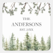 Monogram Wasserfarbe Rustikale Pinienbäume und -zw Quadratischer Aufkleber (Vorderseite)
