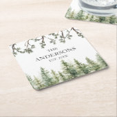 Monogram Wasserfarbe Rustikale Pinienbäume und -zw Rechteckiger Pappuntersetzer (angewinkelt)