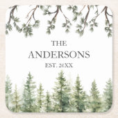 Monogram Wasserfarbe Rustikale Pinienbäume und -zw Rechteckiger Pappuntersetzer (Vorderseite)