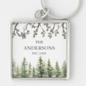 Monogram Wasserfarbe Rustikale Pinienbäume und -zw Schlüsselanhänger (Vorne)